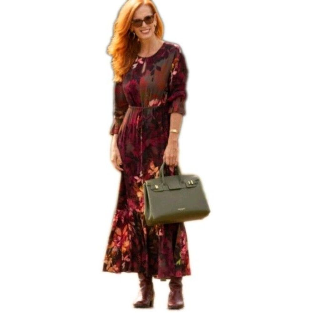 Soft Surroundings XL Burgundy Floral Academia Midi Cottage Core Women's Dress